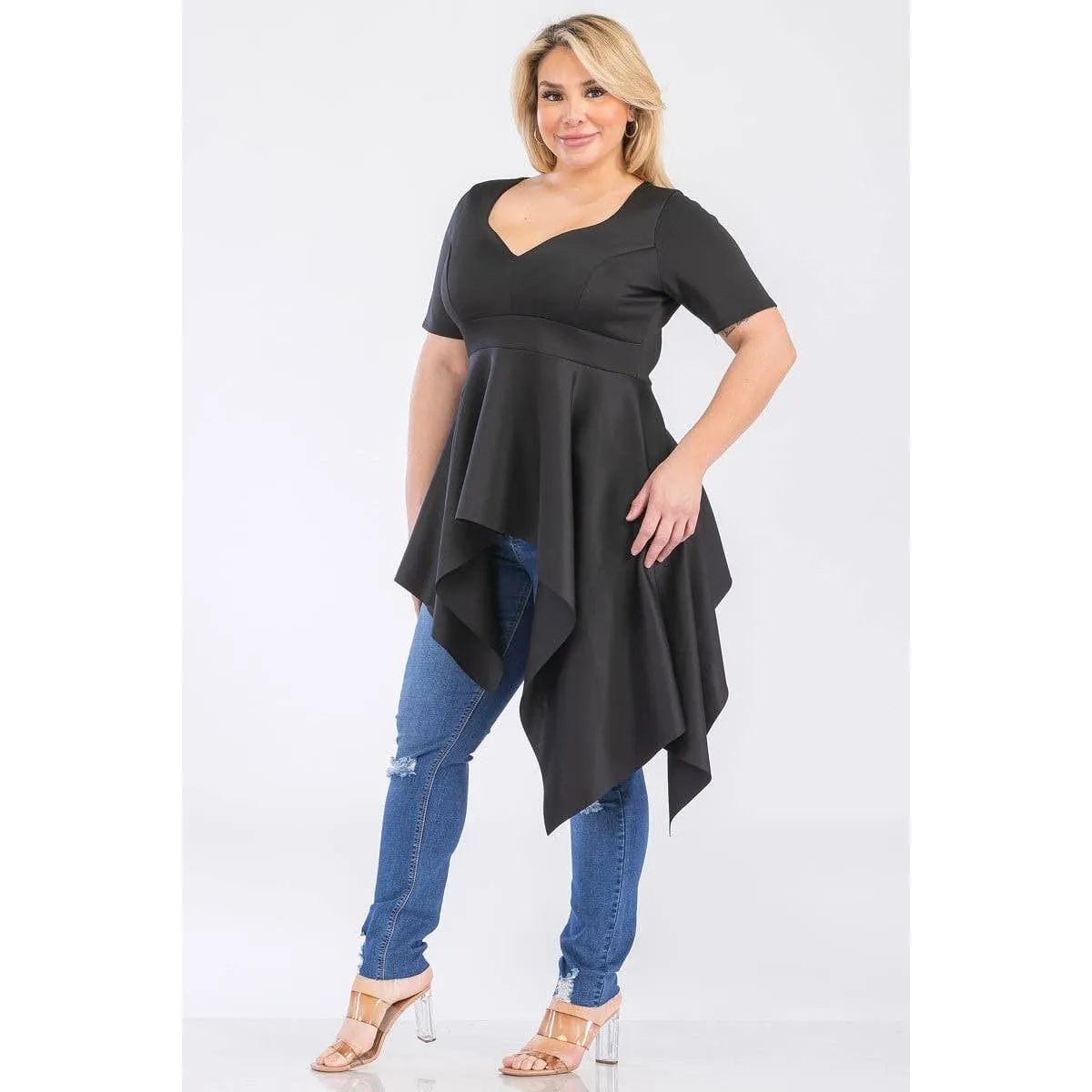 Short Sleeve Stretch V-neck Asymmetrical Hem Tunic, Plus