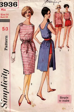 Simplicity 3936 Womens Slim Dress Tunic Top & Shorts 1960s Vintage Sewing Pattern Size 14 Bust 34 inches