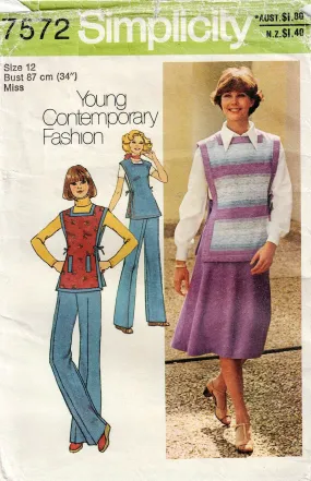 Simplicity 7572 Womens Bias Skirt Pants & Reversible Tunic 1970s Vintage Sewing Pattern Size 12 Bust 34 inches UNCUT Factory Folded