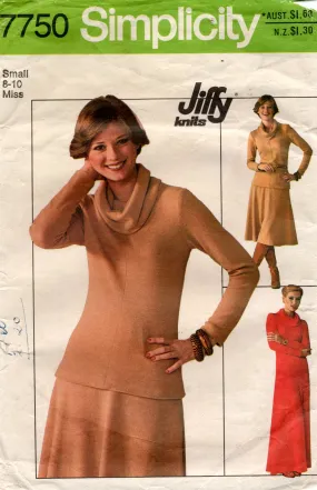 Simplicity 7750 Womens JIFFY Stretch Cowl Neck Dress Top & Skirt 1970s Vintage Sewing Pattern size SMALL 8 - 10