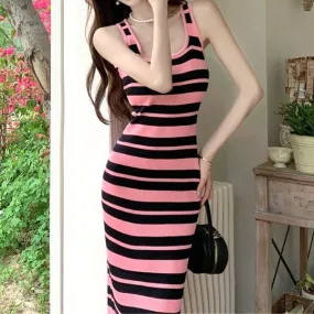 Slim-Fitting Striped Long Sleeveless Knit Dress