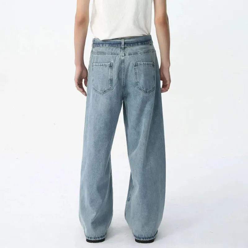 Solid Color Belt Blue Denim Jeans