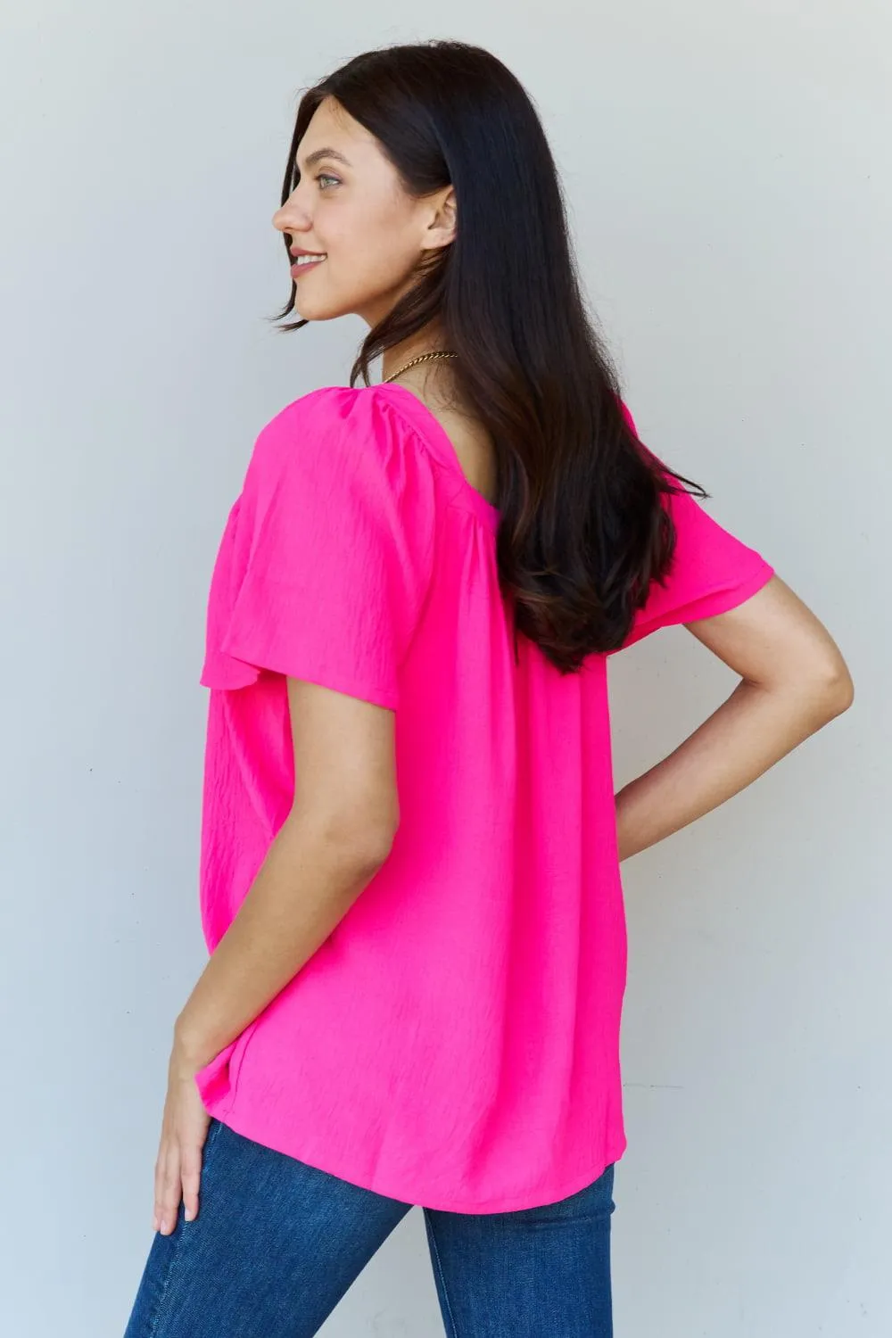 Square Neck Short Sleeve Blouse in Fuchsia