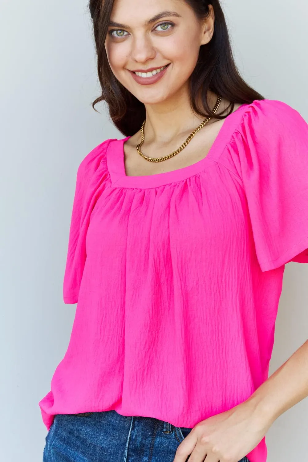 Square Neck Short Sleeve Blouse in Fuchsia