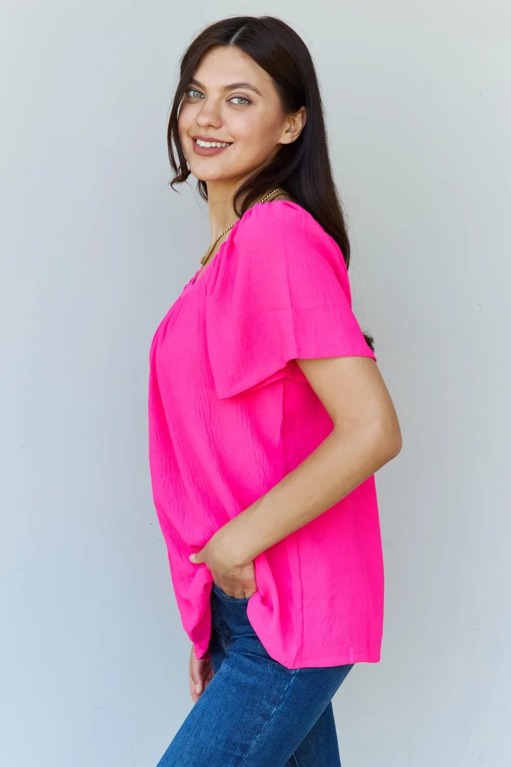 Square Neck Short Sleeve Blouse in Fuchsia