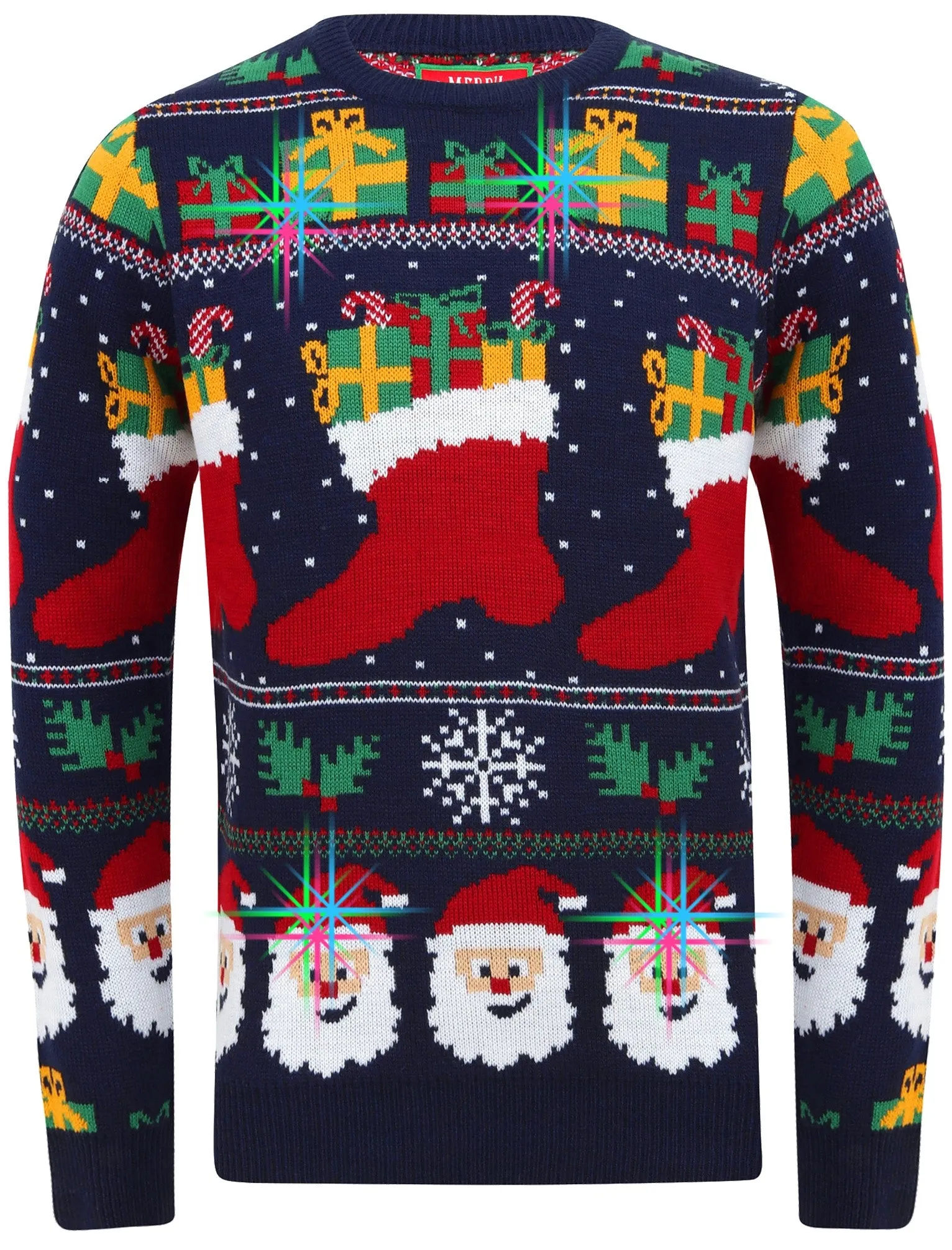 Stocking Wallpaper Print LED Light Up Novelty Christmas Jumper in Ink - Merry Christmas