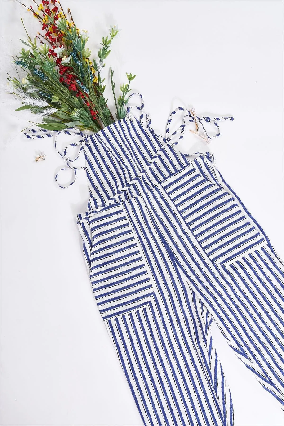 Striped Linen Ivory & Blue Self-Tie Spaghetti Strap Jumper