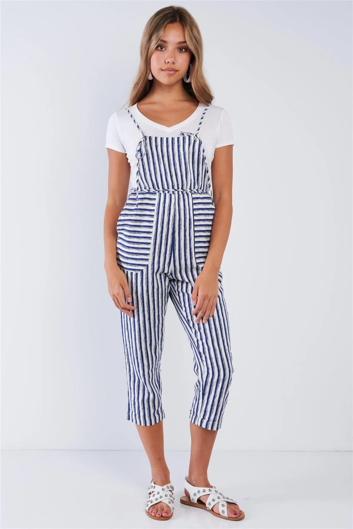 Striped Linen Ivory & Blue Self-Tie Spaghetti Strap Jumper