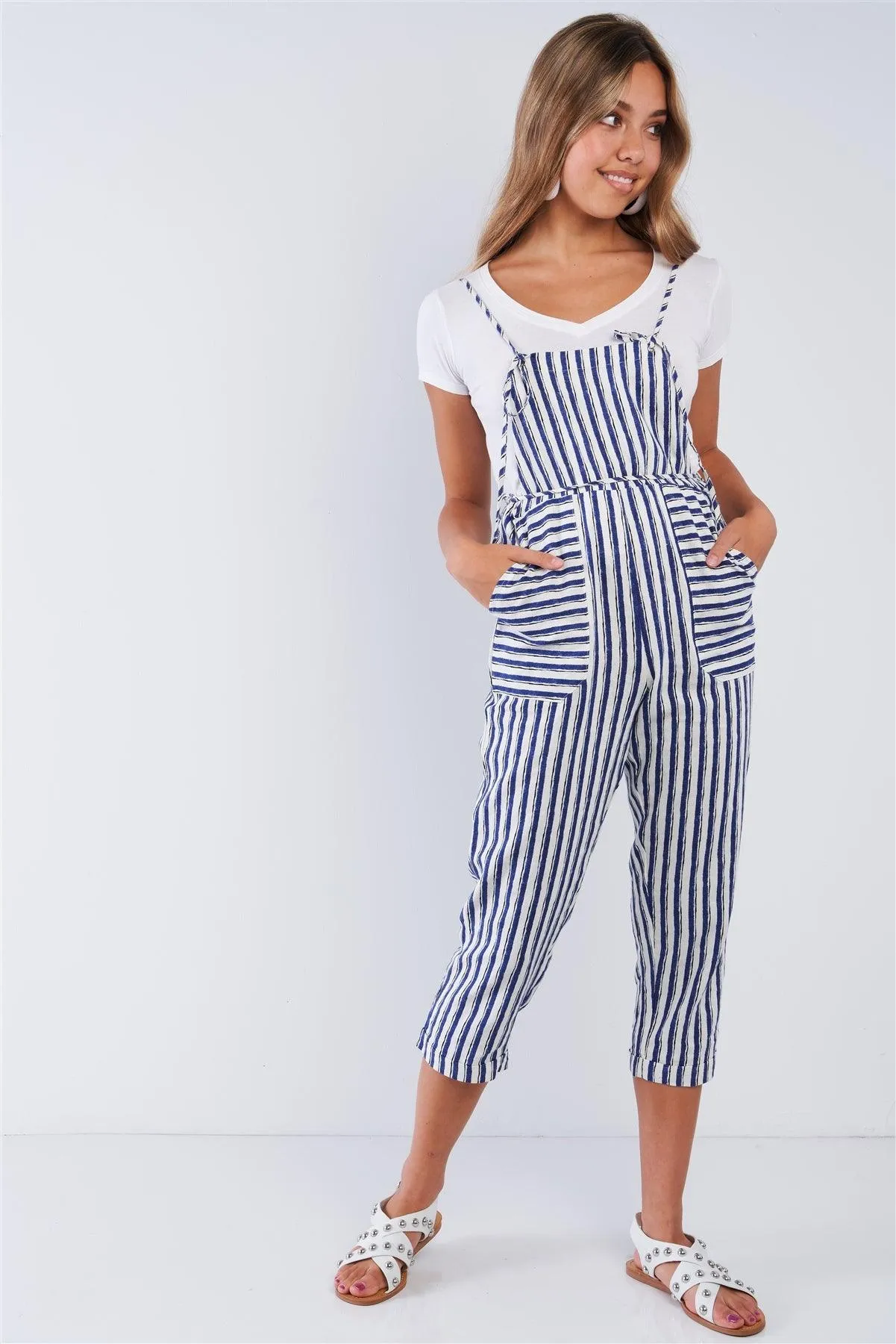 Striped Linen Ivory & Blue Self-Tie Spaghetti Strap Jumper