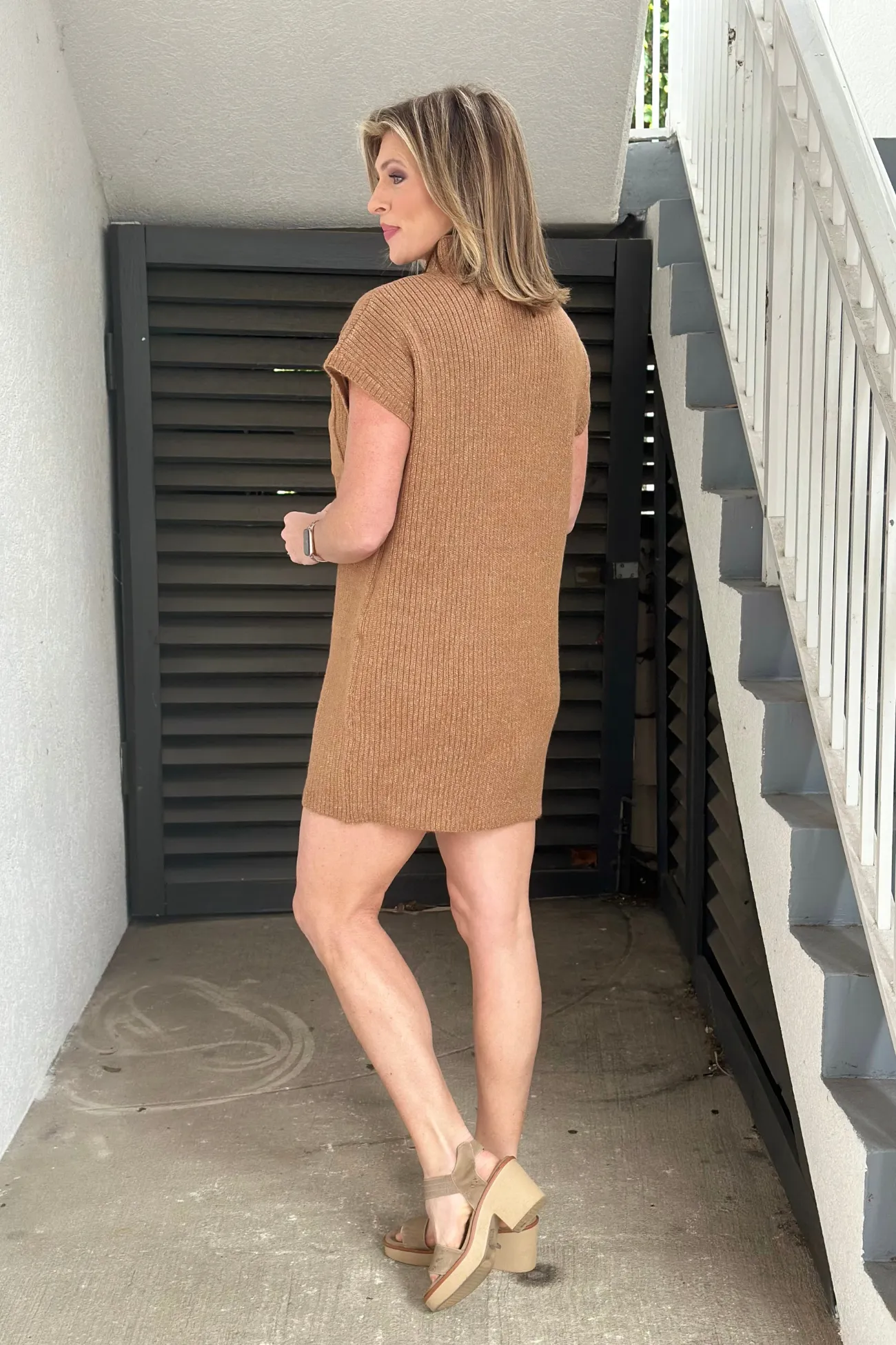 Sweet Charm Mock Neck Sweater Dress-Camel