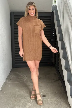 Sweet Charm Mock Neck Sweater Dress-Camel