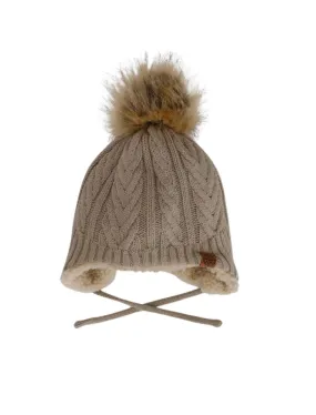 Tan Cable Knit Pom Pom Hat