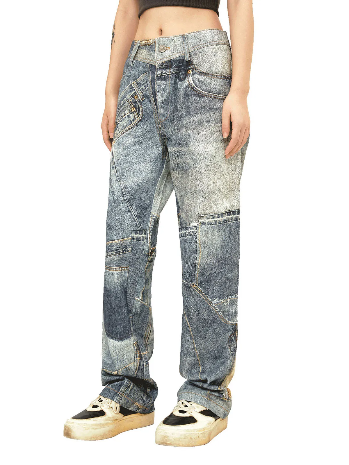 Thesupermade Street Hip-Hop Deconstructed Print Jeans