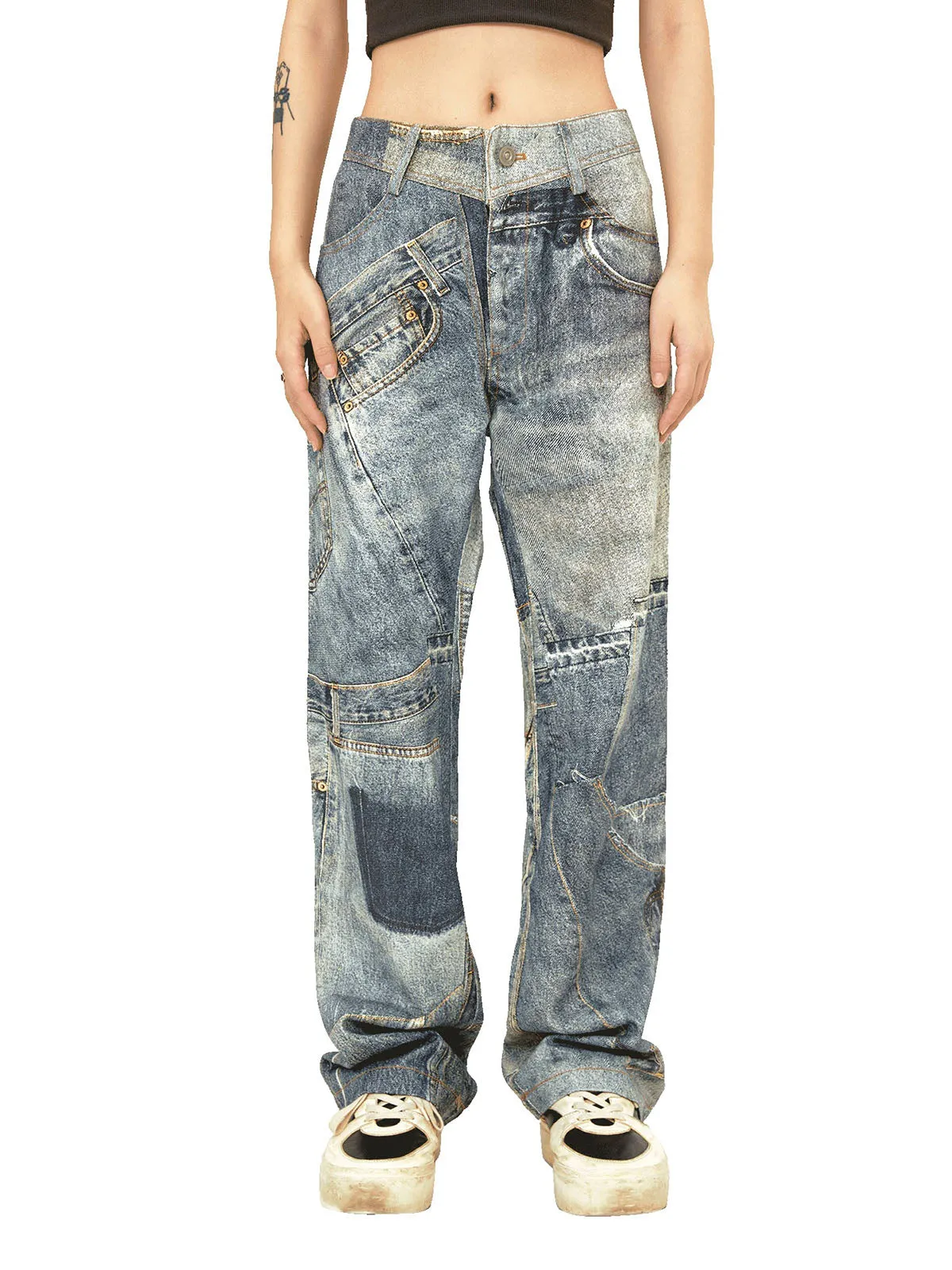 Thesupermade Street Hip-Hop Deconstructed Print Jeans