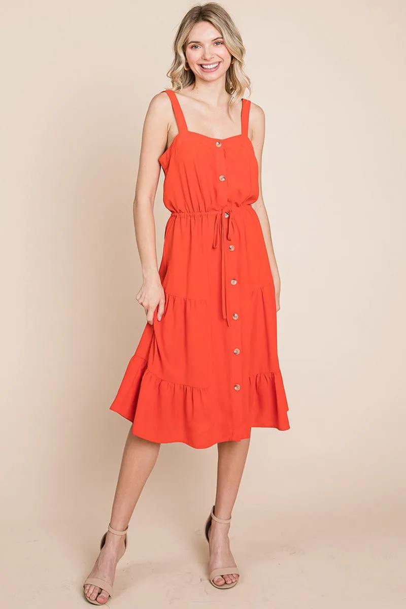 Tiered Square Neck Ruffled Button Midi Sundresses