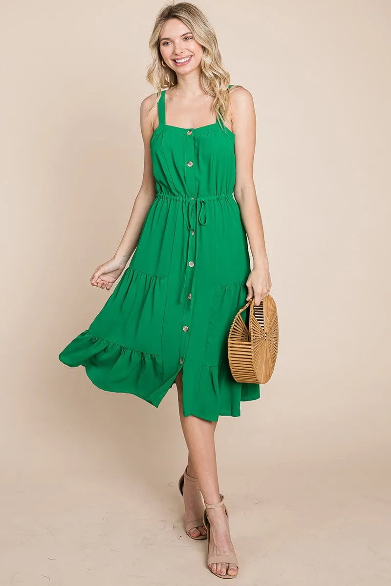 Tiered Square Neck Ruffled Button Midi Sundresses