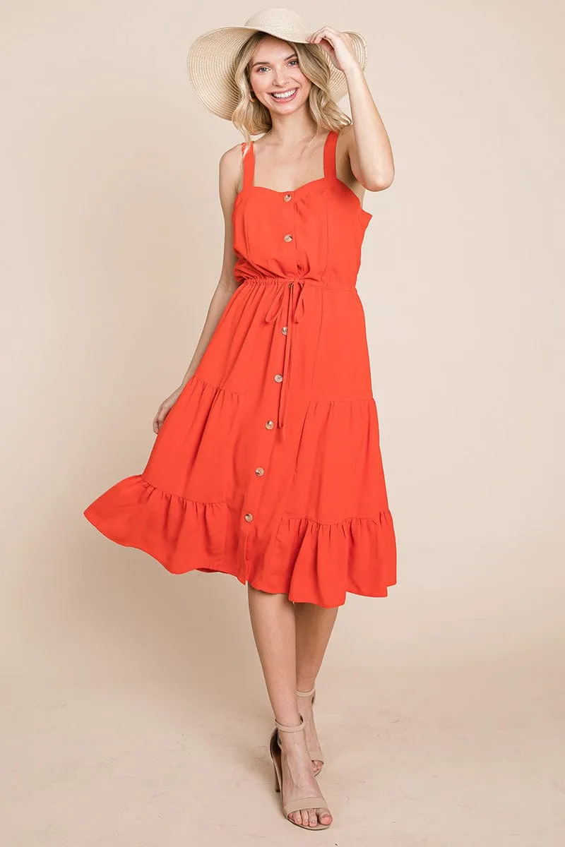 Tiered Square Neck Ruffled Button Midi Sundresses