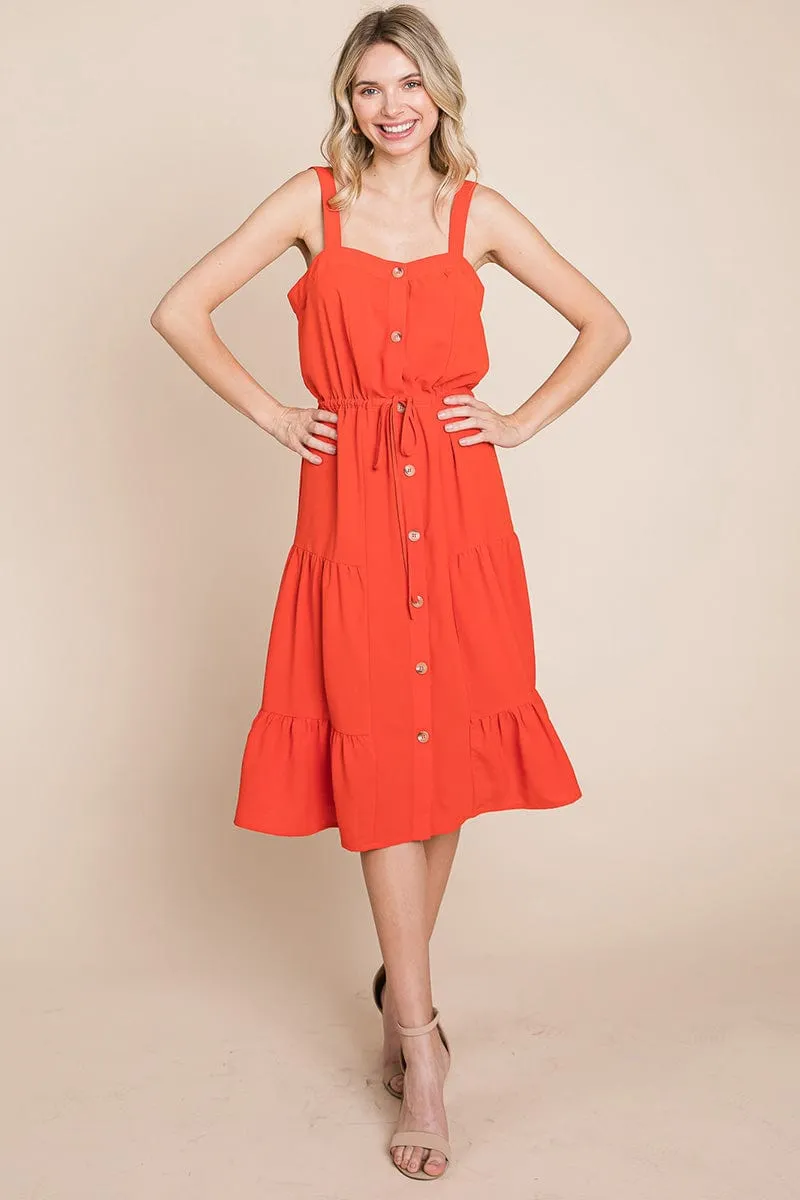 Tiered Square Neck Ruffled Button Midi Sundresses