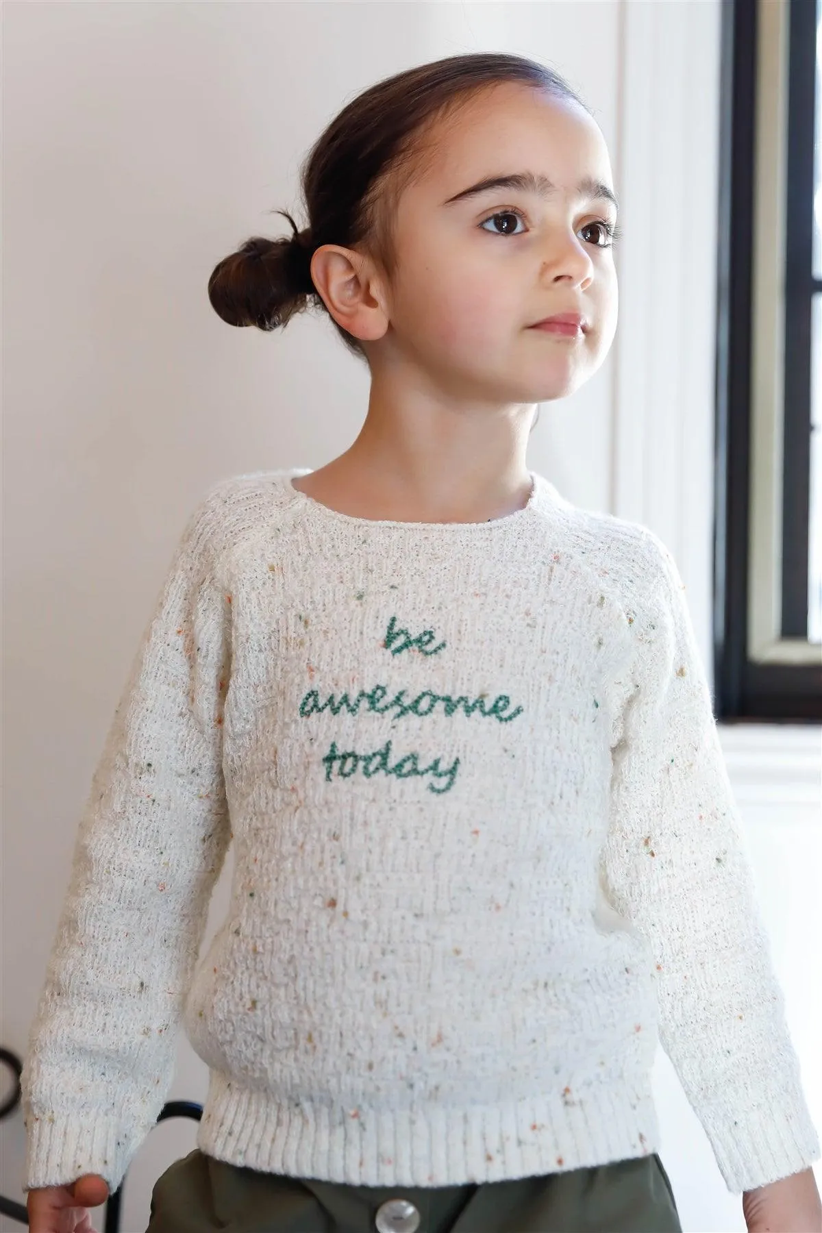 Toddler Girls Cream "Be Awesome Today" Knit Sweater /1-3-1