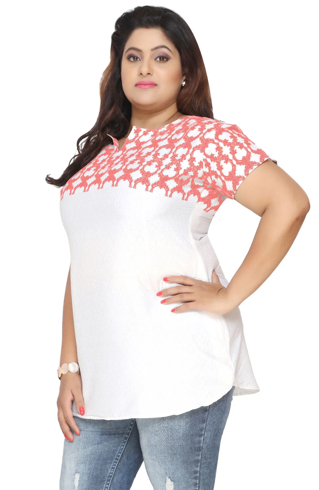 Tunic Top Kurti Plus Size Womens Printed Indian Clothes (White-Red)