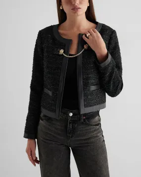 Tweed Faux Leather Pieced Chain Strap Jacket in Pitch Black