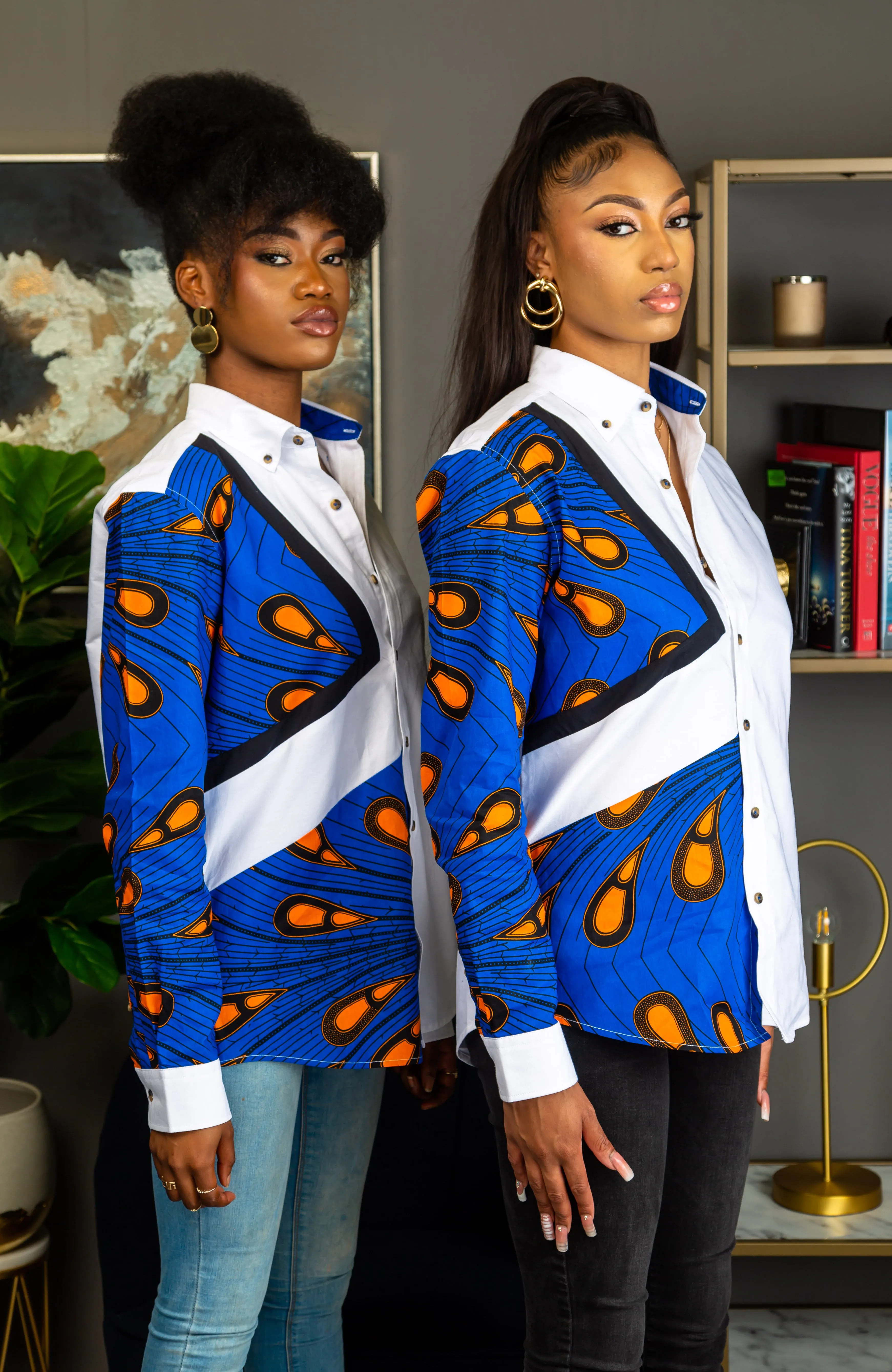 Unisex Ankara Boyfriend Shirt | African Shirt White Button Down Asymmetric Shirt - ELLA