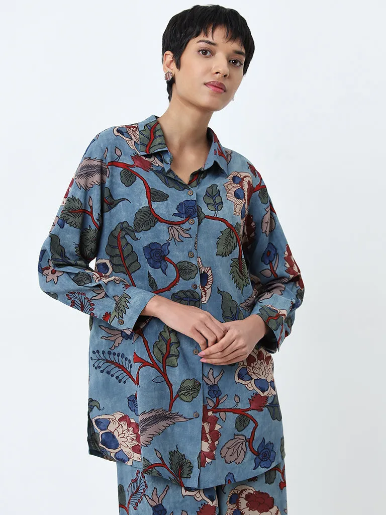 Utsa Dusty Blue Floral Design Ethnic Tunic