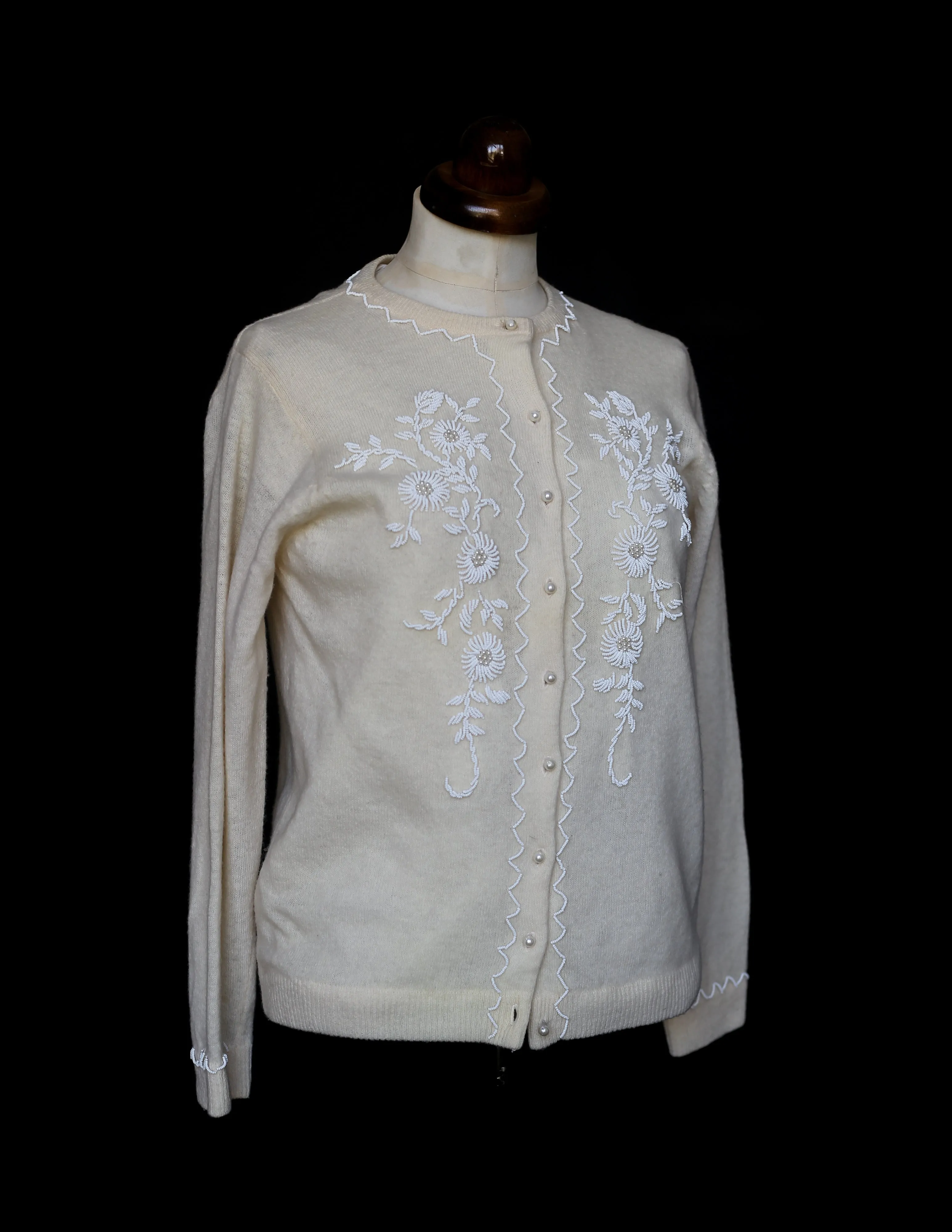 Vintage 1960s Cream Lambswool Beaded Cardigan