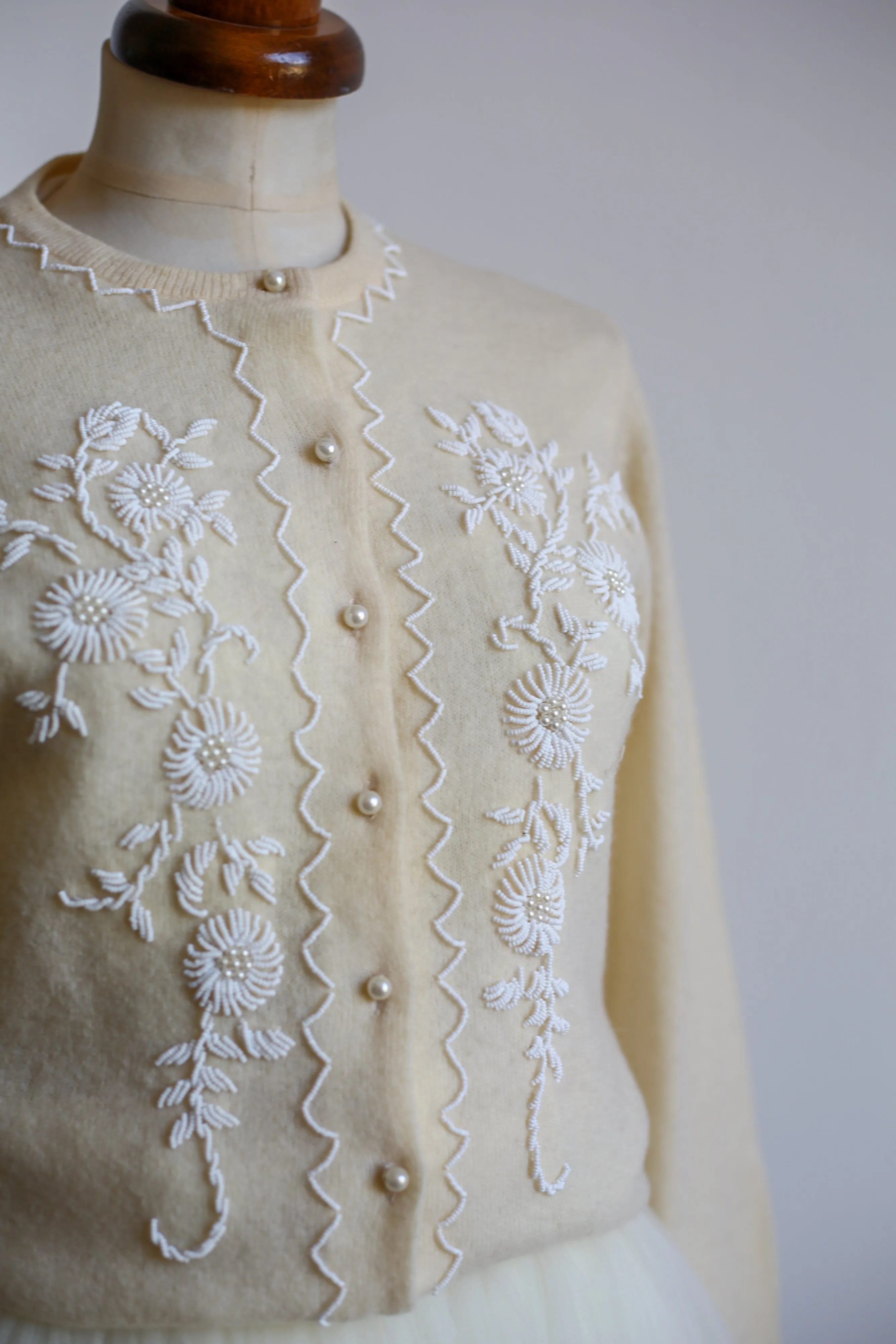 Vintage 1960s Cream Lambswool Beaded Cardigan