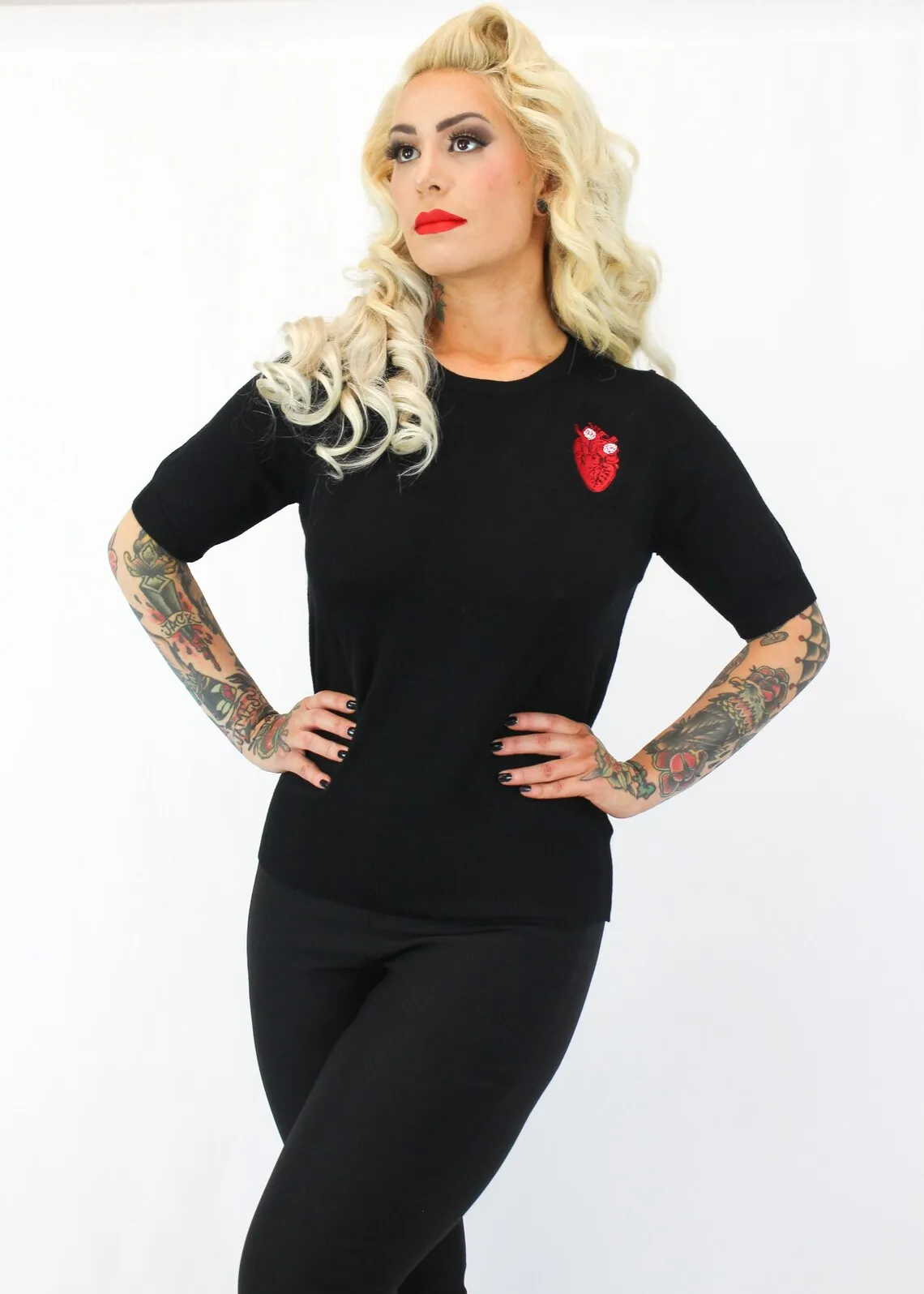 Vintage Inspired Anatomical Heart Black Knit Retro Top