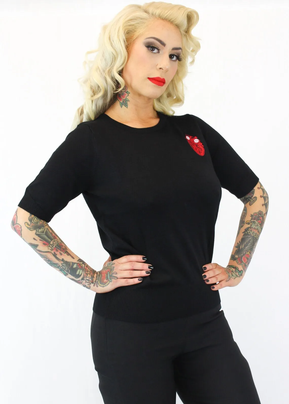 Vintage Inspired Anatomical Heart Black Knit Retro Top