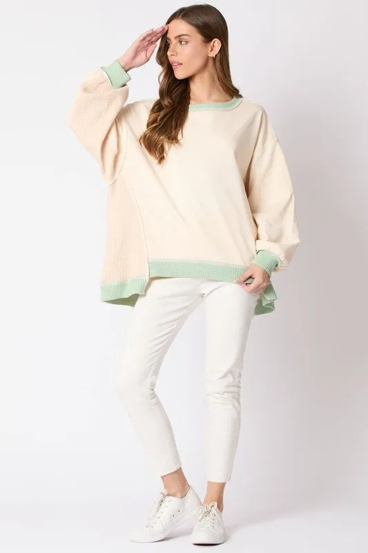 Waffle Knit Details Cream Top