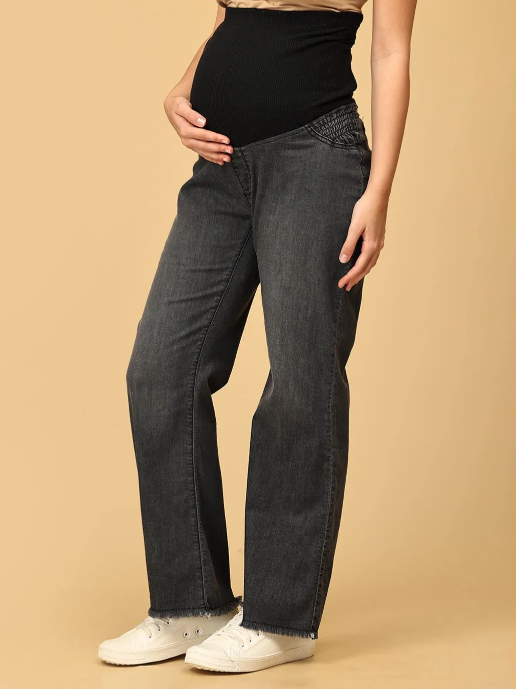 Wide Leg Maternity Denim with Belly Support -Black