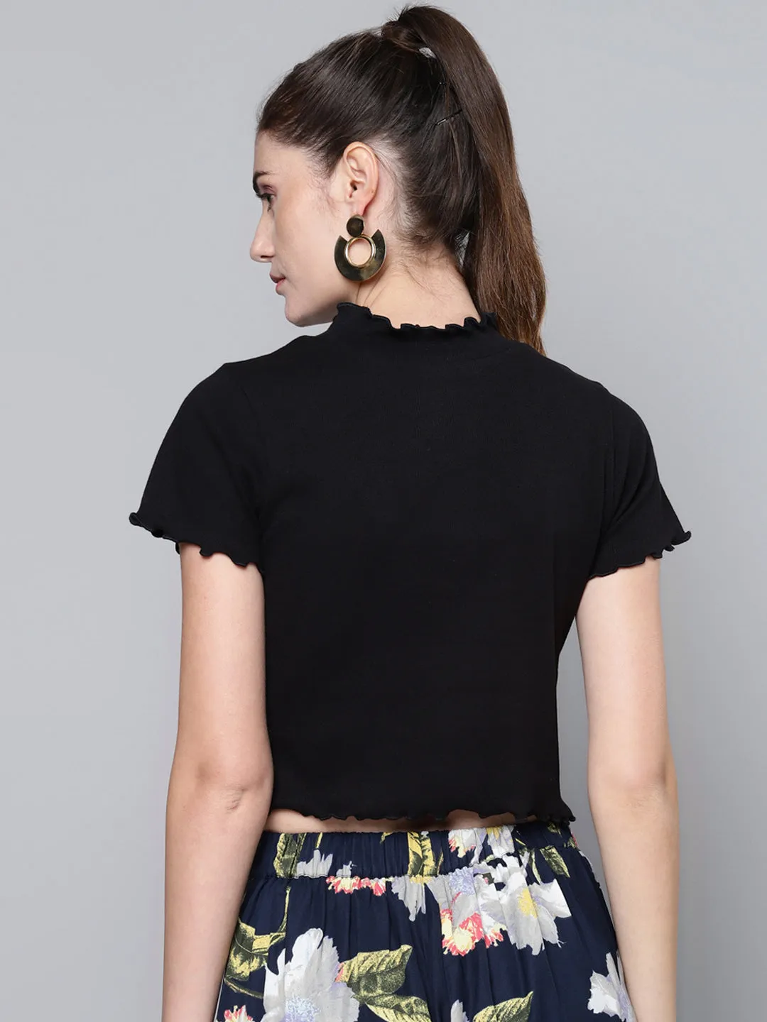 Women Black High Neck Lettuce-Edge Rib Top