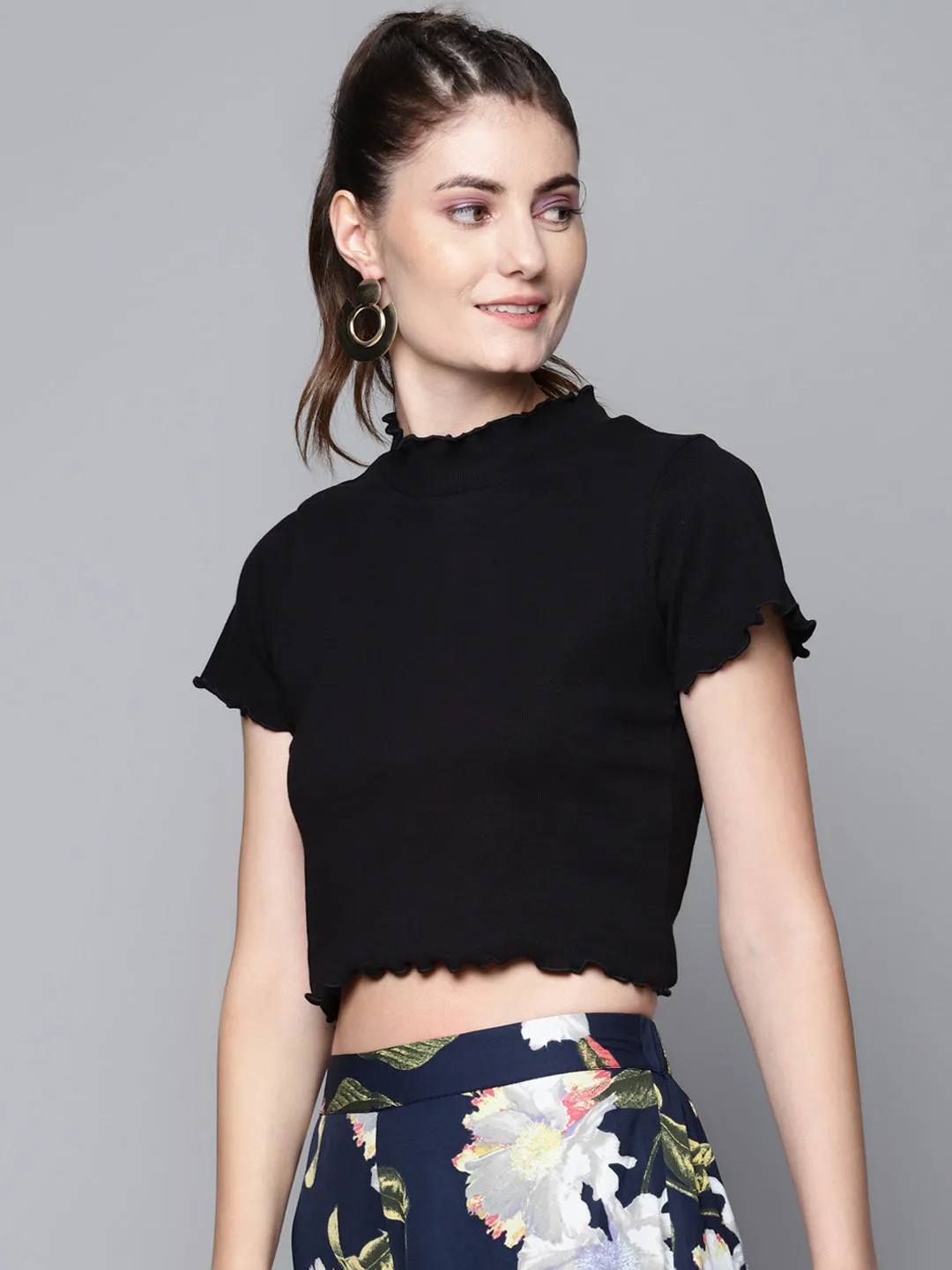 Women Black High Neck Lettuce-Edge Rib Top