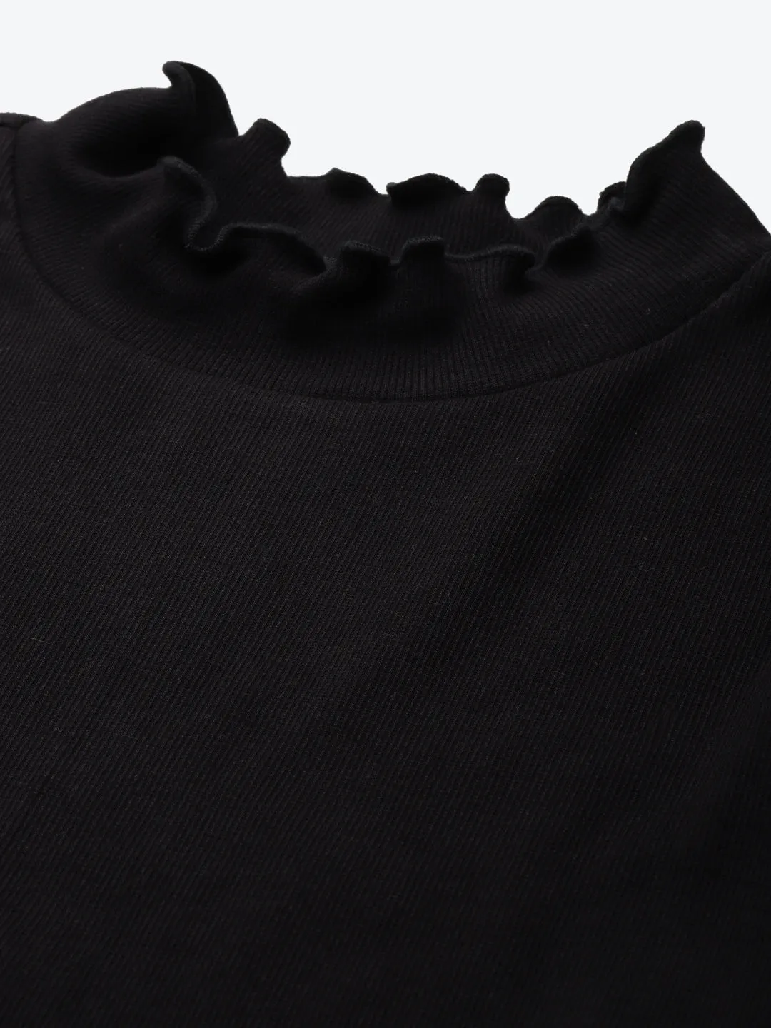 Women Black High Neck Lettuce-Edge Rib Top