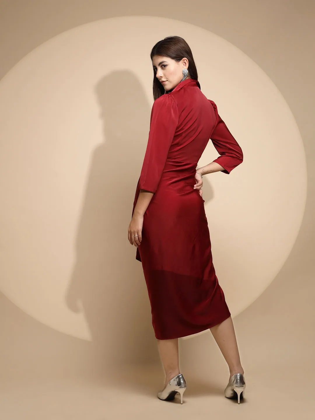 Women Maroon Solid Notch Collar Neck Three Quarter Sleeve Satin Dress