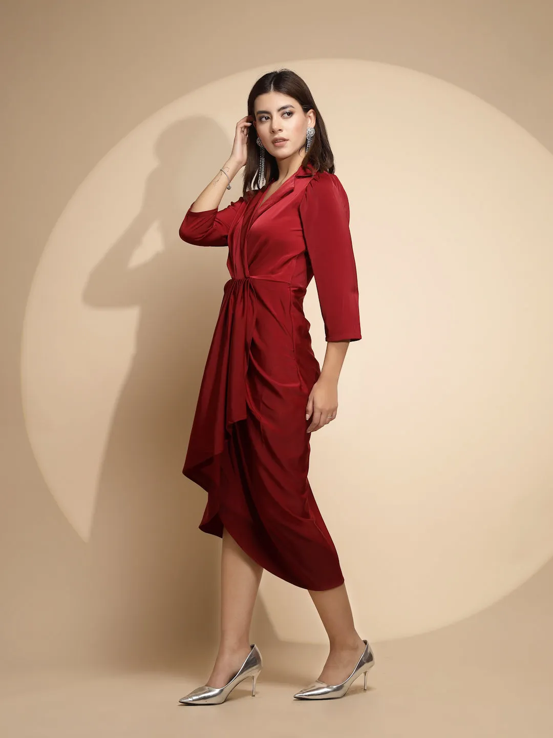 Women Maroon Solid Notch Collar Neck Three Quarter Sleeve Satin Dress