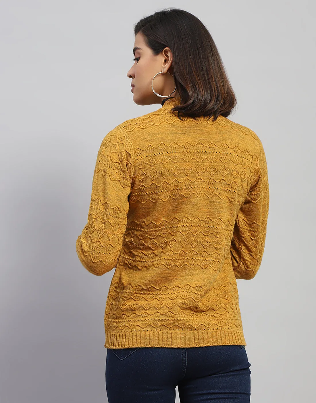 Women Mustard Self Design V Neck Full Sleeve Cardigan