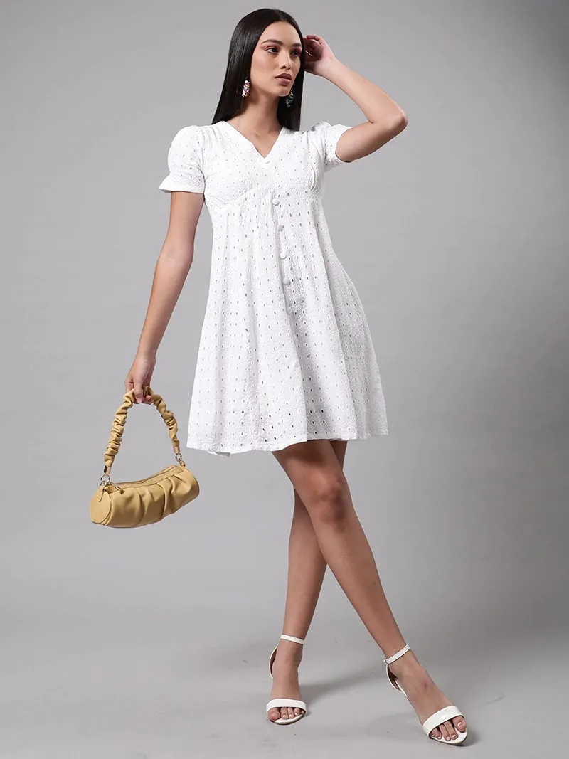 Women White Schiffli Cotton Skater Dress