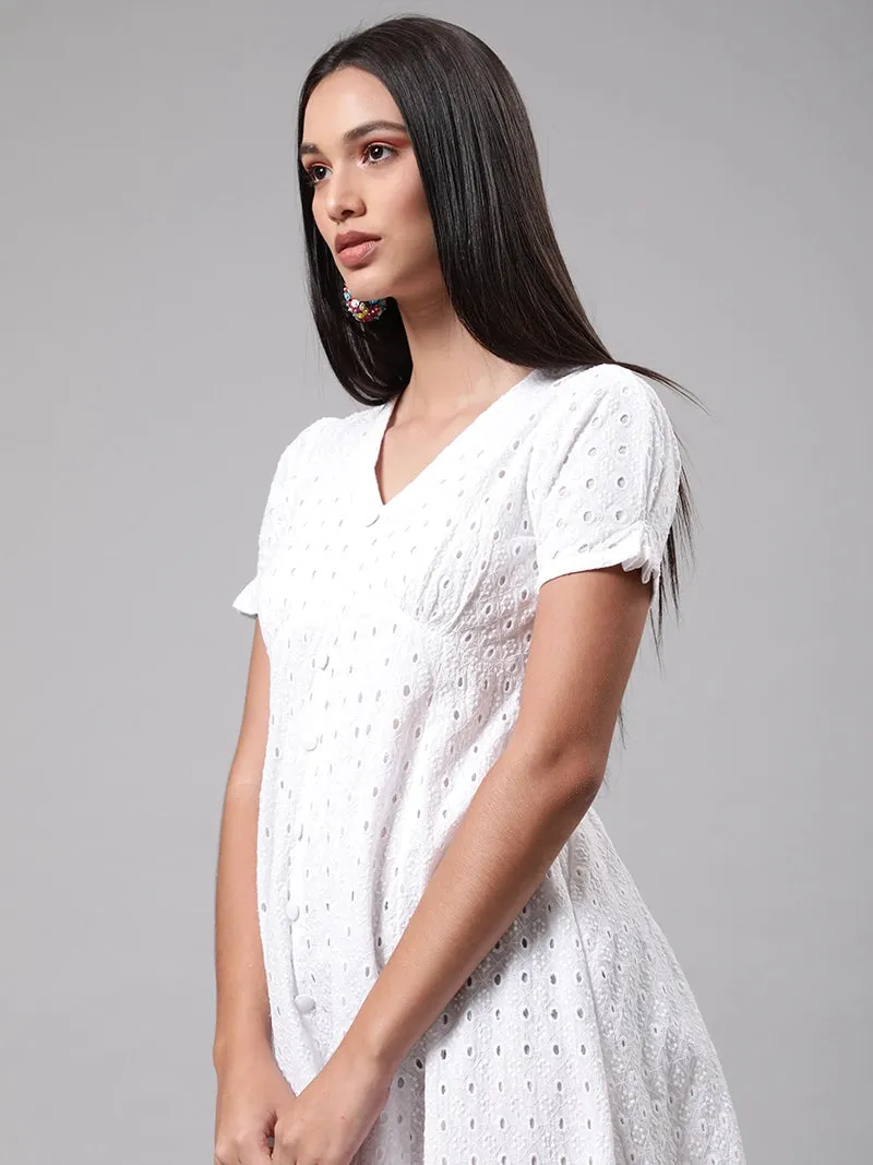 Women White Schiffli Cotton Skater Dress