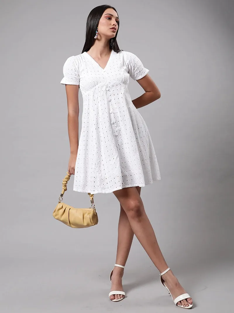 Women White Schiffli Cotton Skater Dress