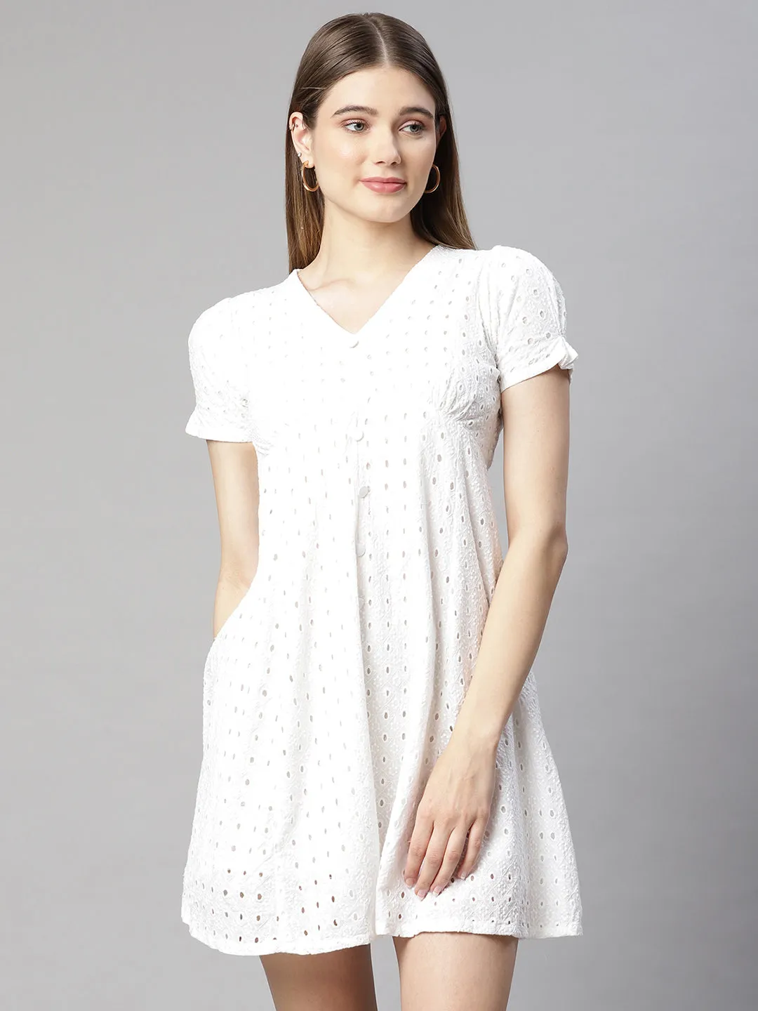 Women White Schiffli Cotton Skater Dress