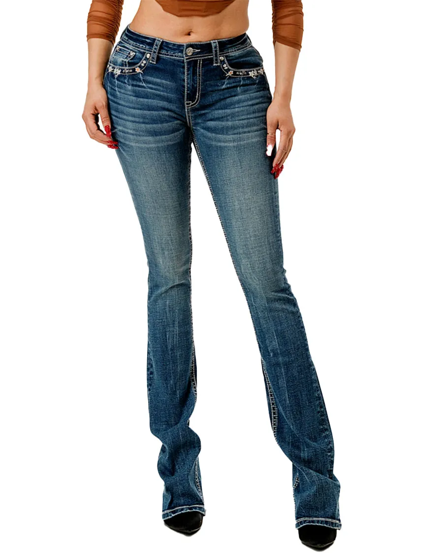 Women's Embroidered Floral Yoke Boot Cut Jeans