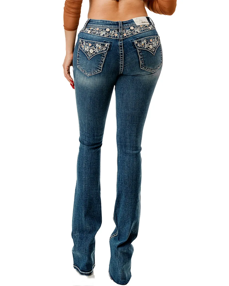 Women's Embroidered Floral Yoke Boot Cut Jeans