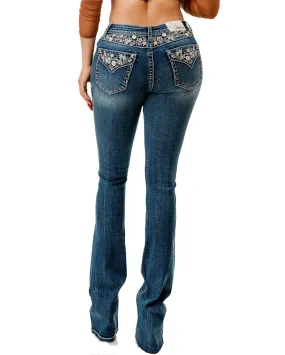 Women's Embroidered Floral Yoke Boot Cut Jeans