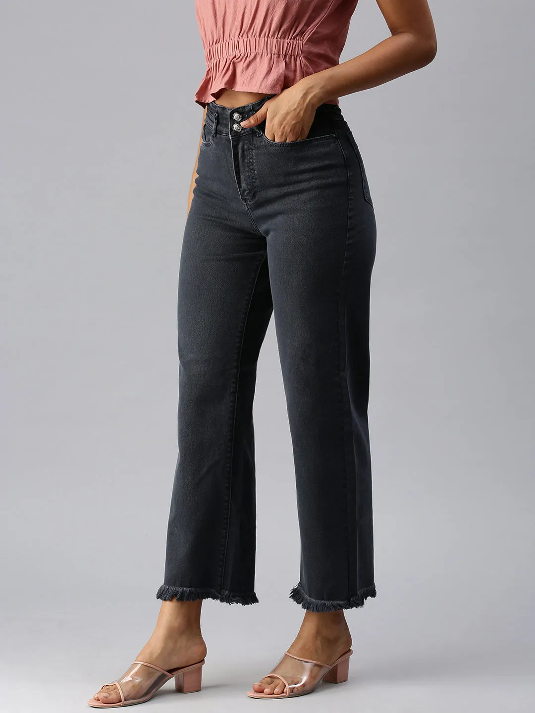 Women's Grey Solid Wide Leg Denim Jeans