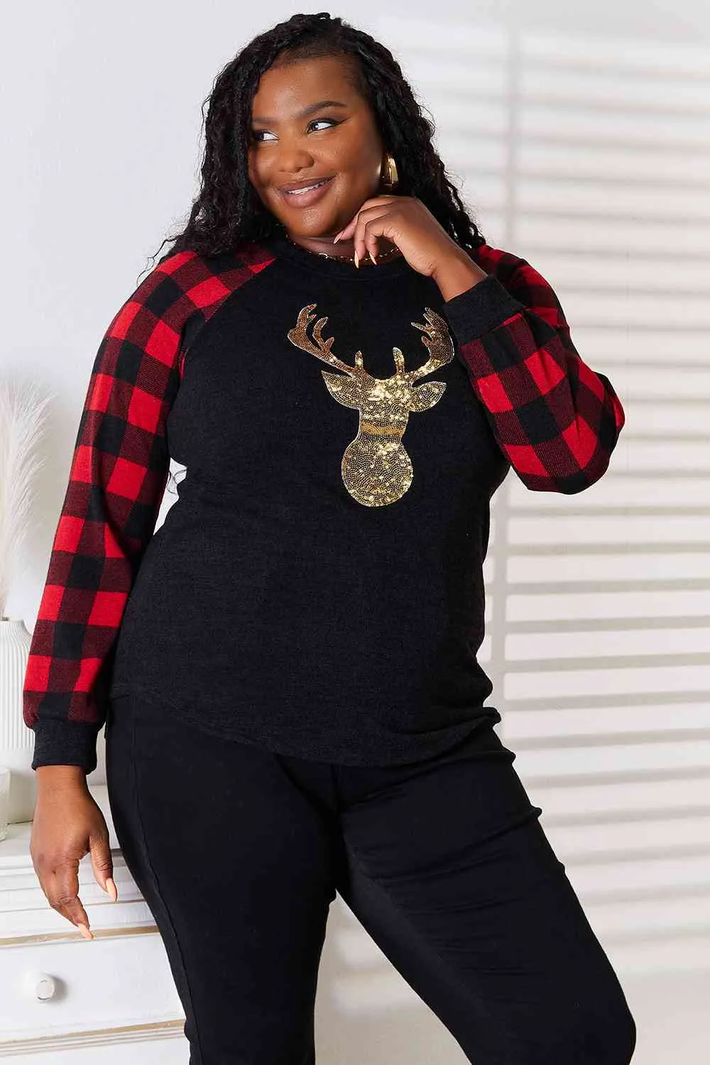 Women's Heimish Full Size Sequin Reindeer Graphic Plaid Top