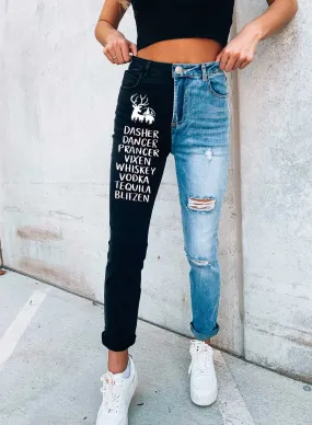 Women's Jeans Deer Letter Color Block High Waist Slim Full Length Pocket Daily Jeans