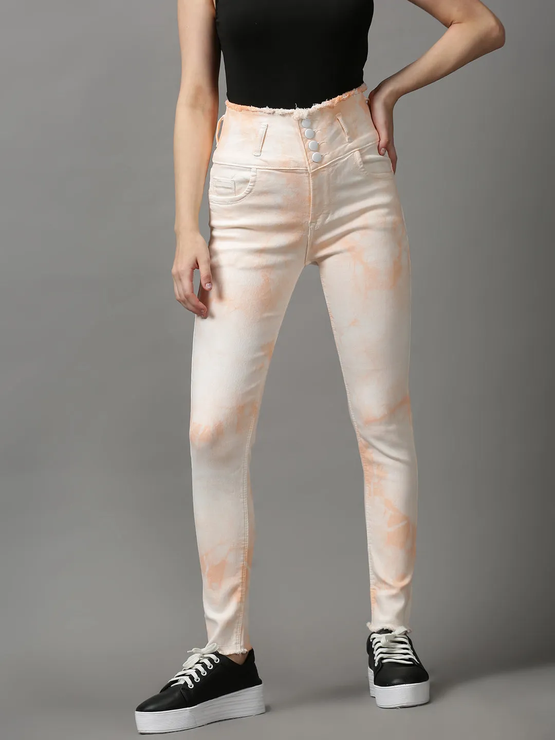 Women's Peach Solid Skinny Fit Denim Jeans